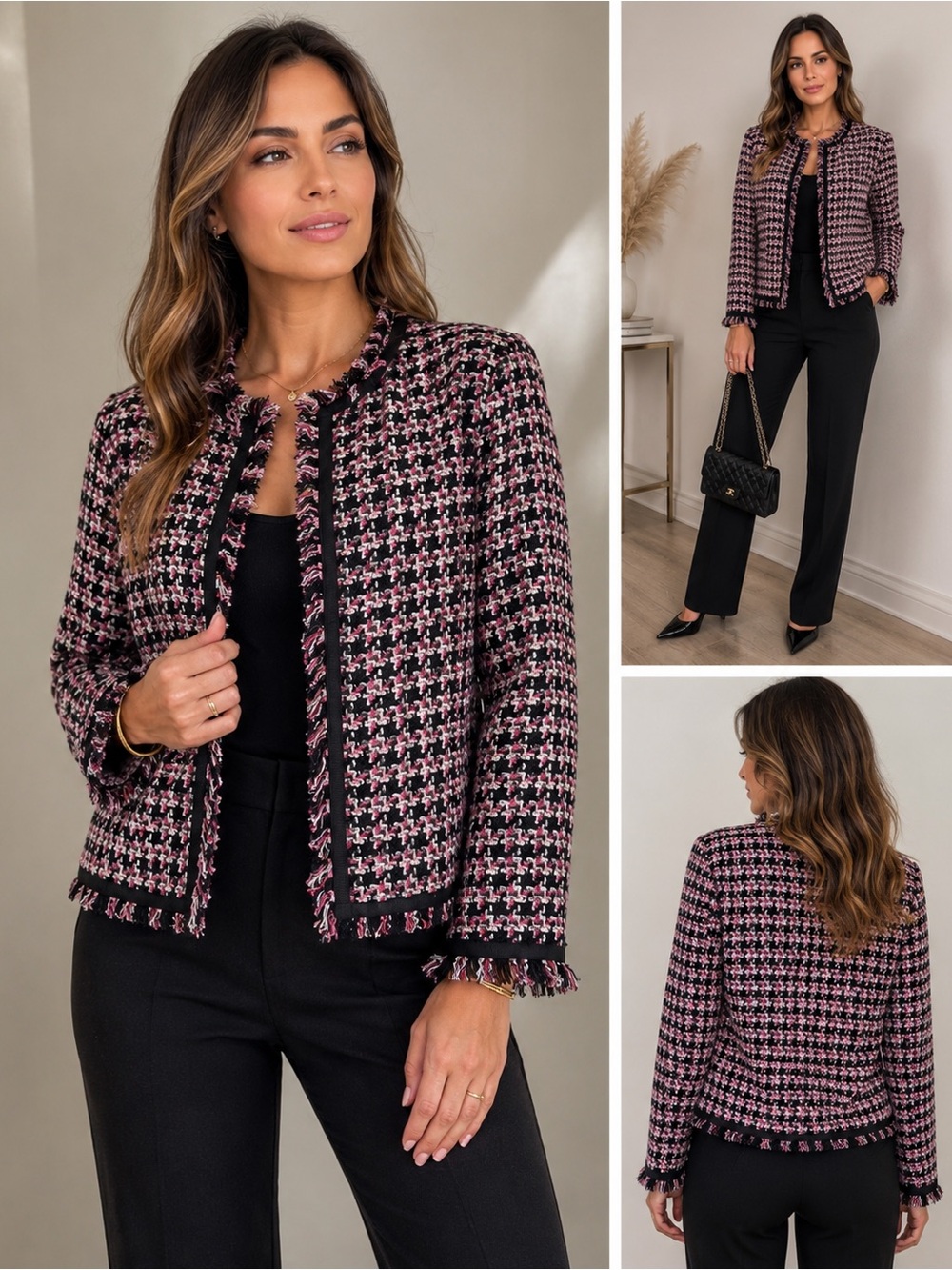 New York & Company Pink Black Tweed Fringe Jacket | Bouclé Open Front Blazer